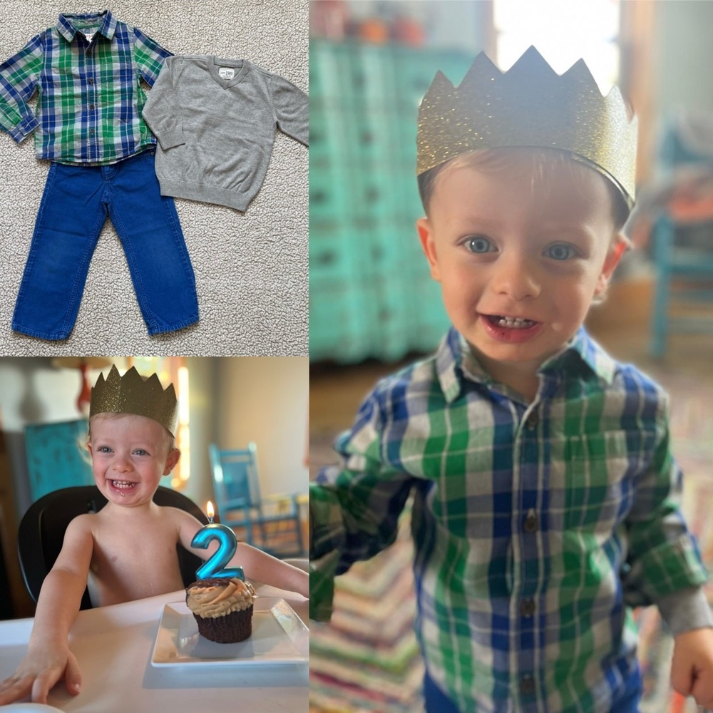 🧸 Adorable Outfit • Blue & Green Plaid Shirt with Blue Corduroys + Grey Sweater